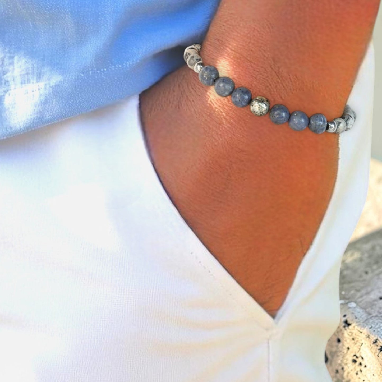 Coral, Lava Stone, Gray Jasper, and Hematite Bracelet