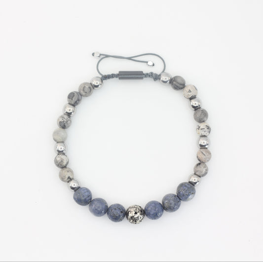 Coral, Lava Stone, Gray Jasper, and Hematite Bracelet