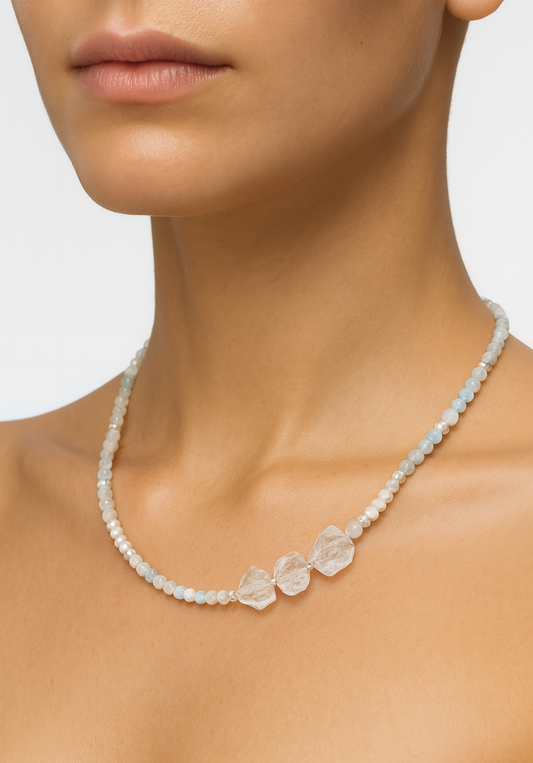 Ocean Aquamarine, Pearl and Crystal Quartz Necklace