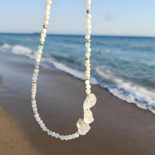 Ocean Aquamarine, Pearl and Crystal Quartz Necklace