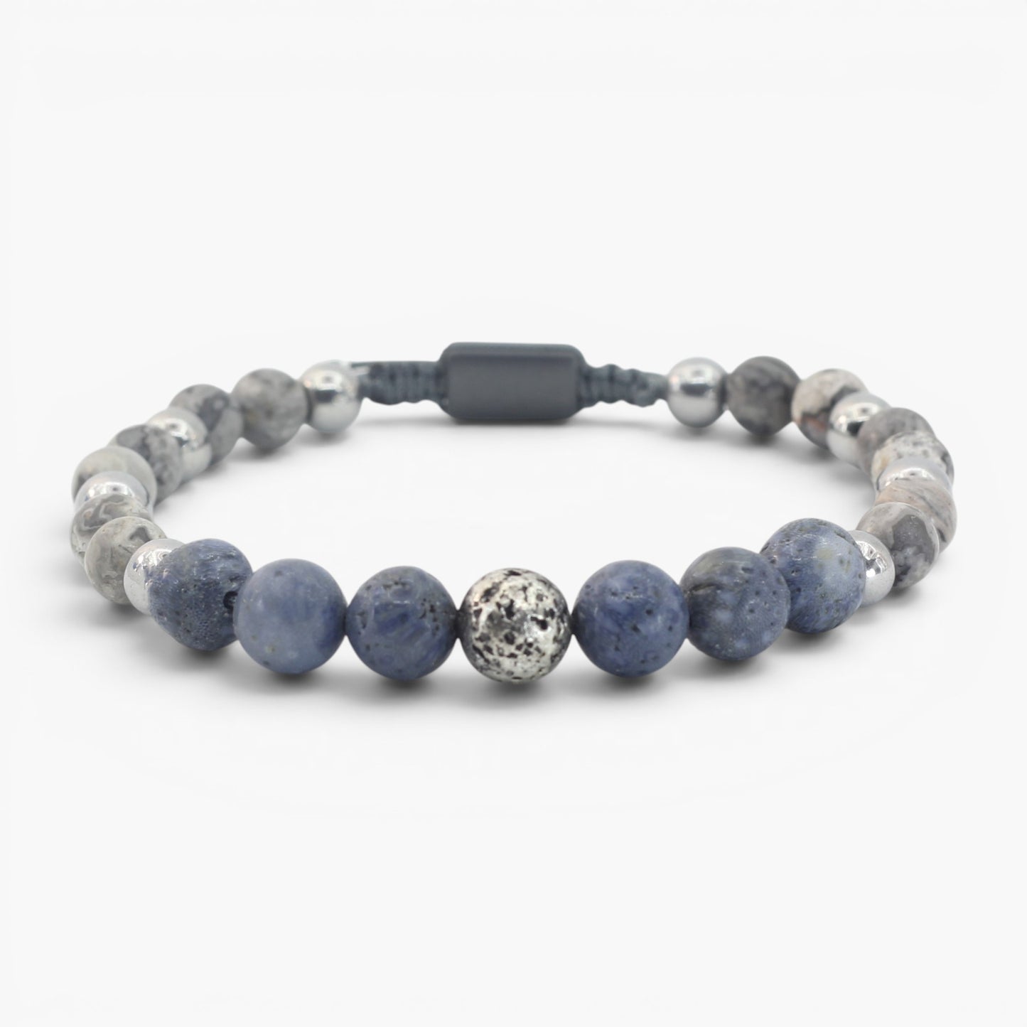 Coral, Lava Stone, Gray Jasper, and Hematite Bracelet