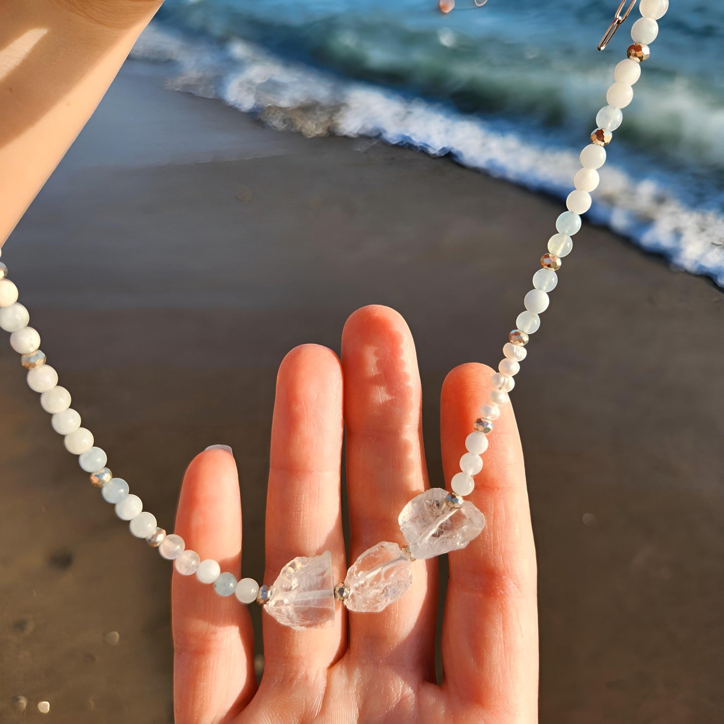 Ocean Aquamarine, Pearl and Crystal Quartz Necklace