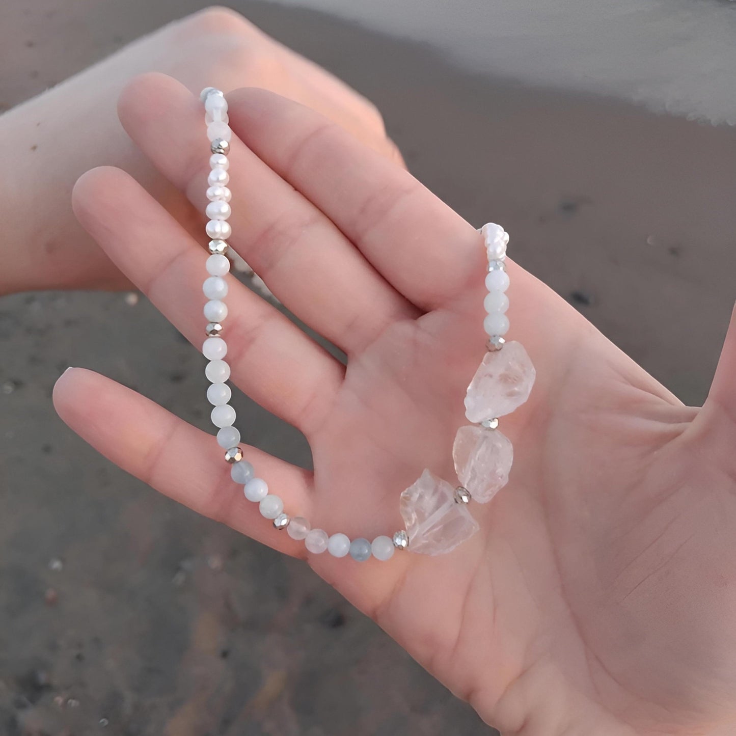 Ocean Aquamarine, Pearl and Crystal Quartz Necklace