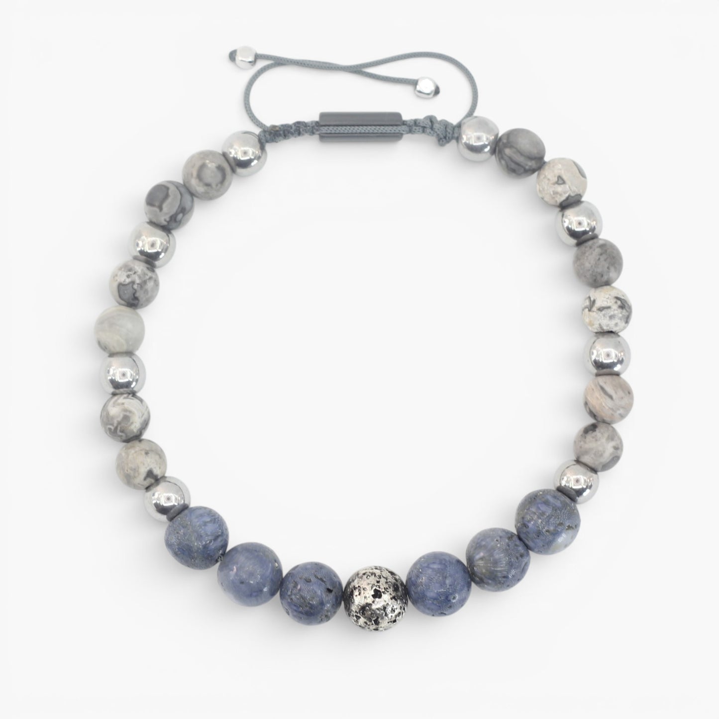 Coral, Lava Stone, Gray Jasper, and Hematite Bracelet
