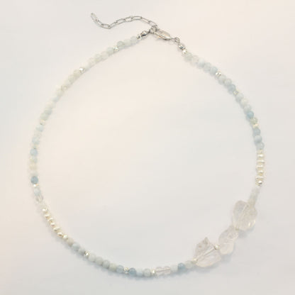 Ocean Aquamarine, Pearl and Crystal Quartz Necklace