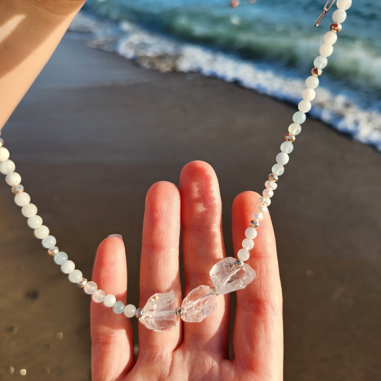 Ocean Akuamarin, İnci ve Kristal Kuvars Kolye
